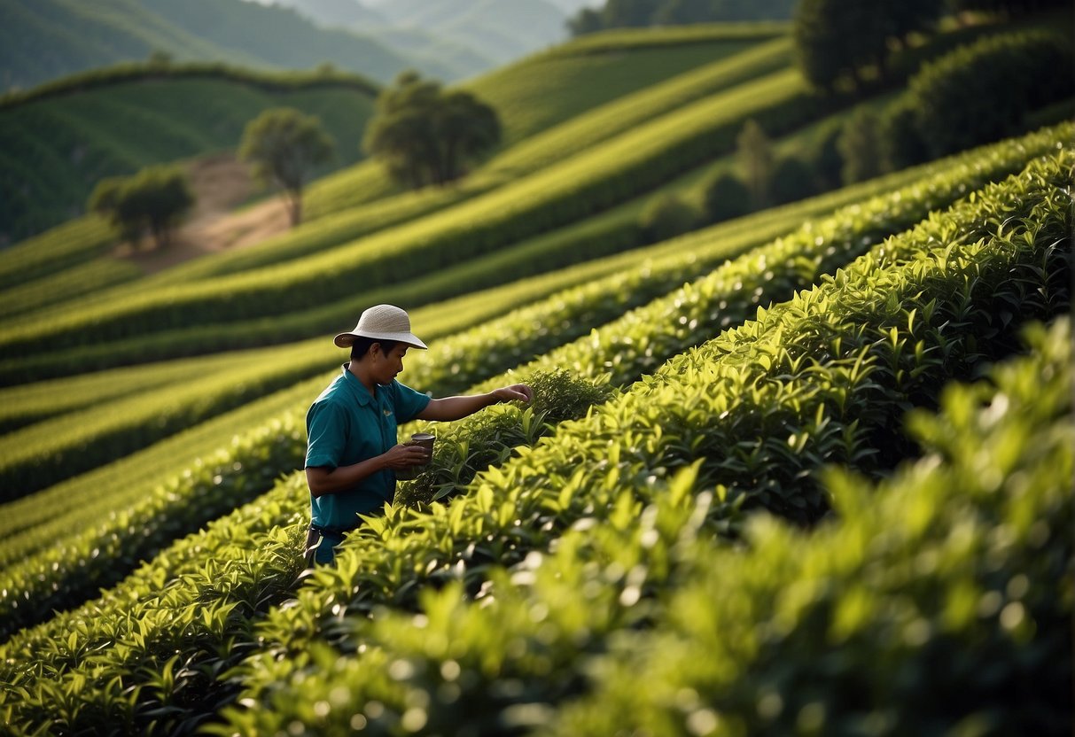 Lush green tea fields stretch across the rolling hills, showcasing various tea plant varieties. The sun casts a warm glow on the rows of bushes, as workers carefully tend to the delicate leaves