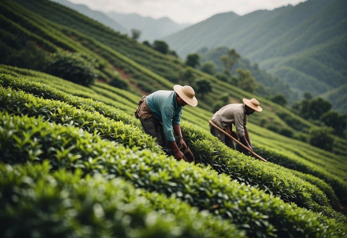 Tea plants being harvested in lush, rolling hills with workers using traditional hand-picking methods