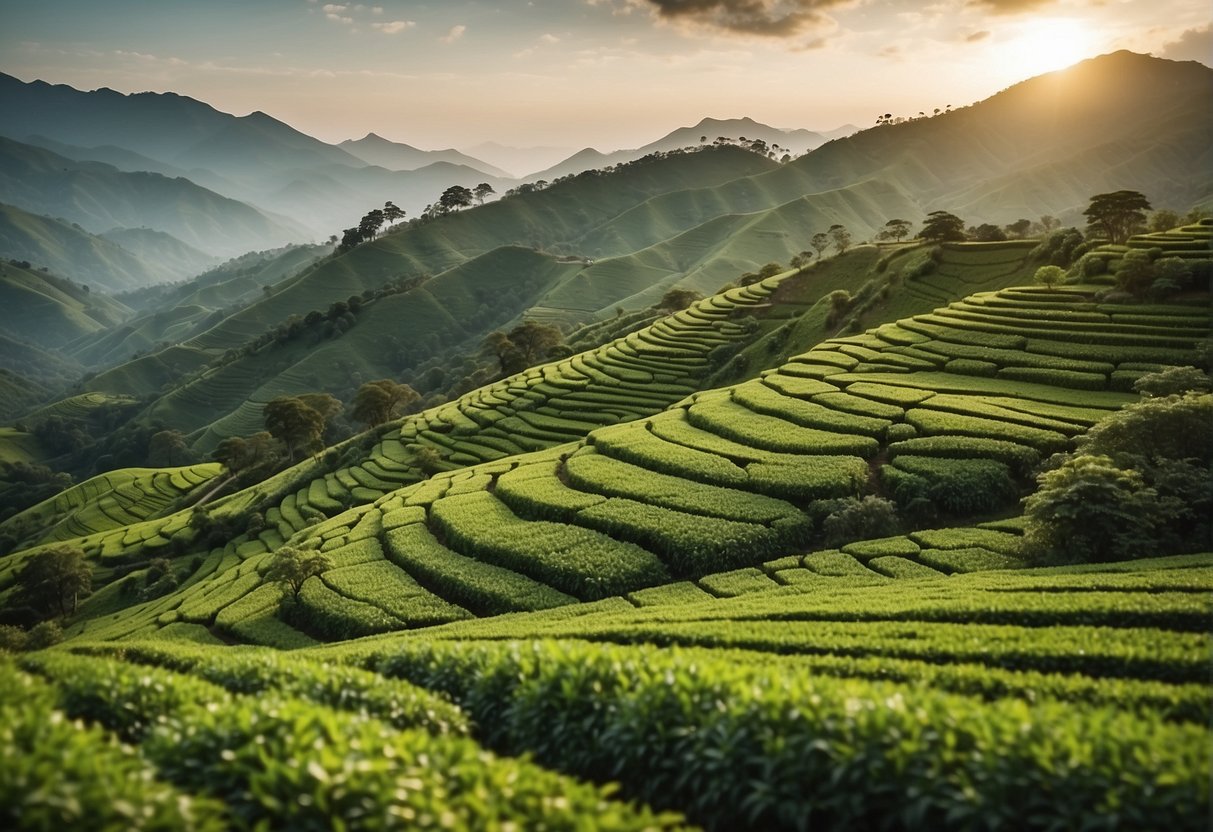 Lush green tea fields spread across rolling hills, surrounded by diverse wildlife and natural water sources