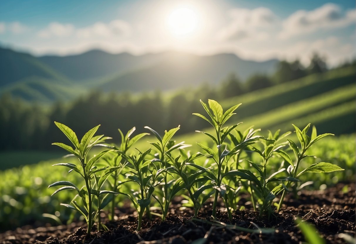 Tea plants growing in a lush, green field under a clear blue sky