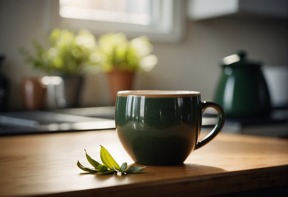 A stained mug sits on a kitchen counter. A cloth and natural cleaning solution are nearby. The mug is surrounded by spilled tea leaves