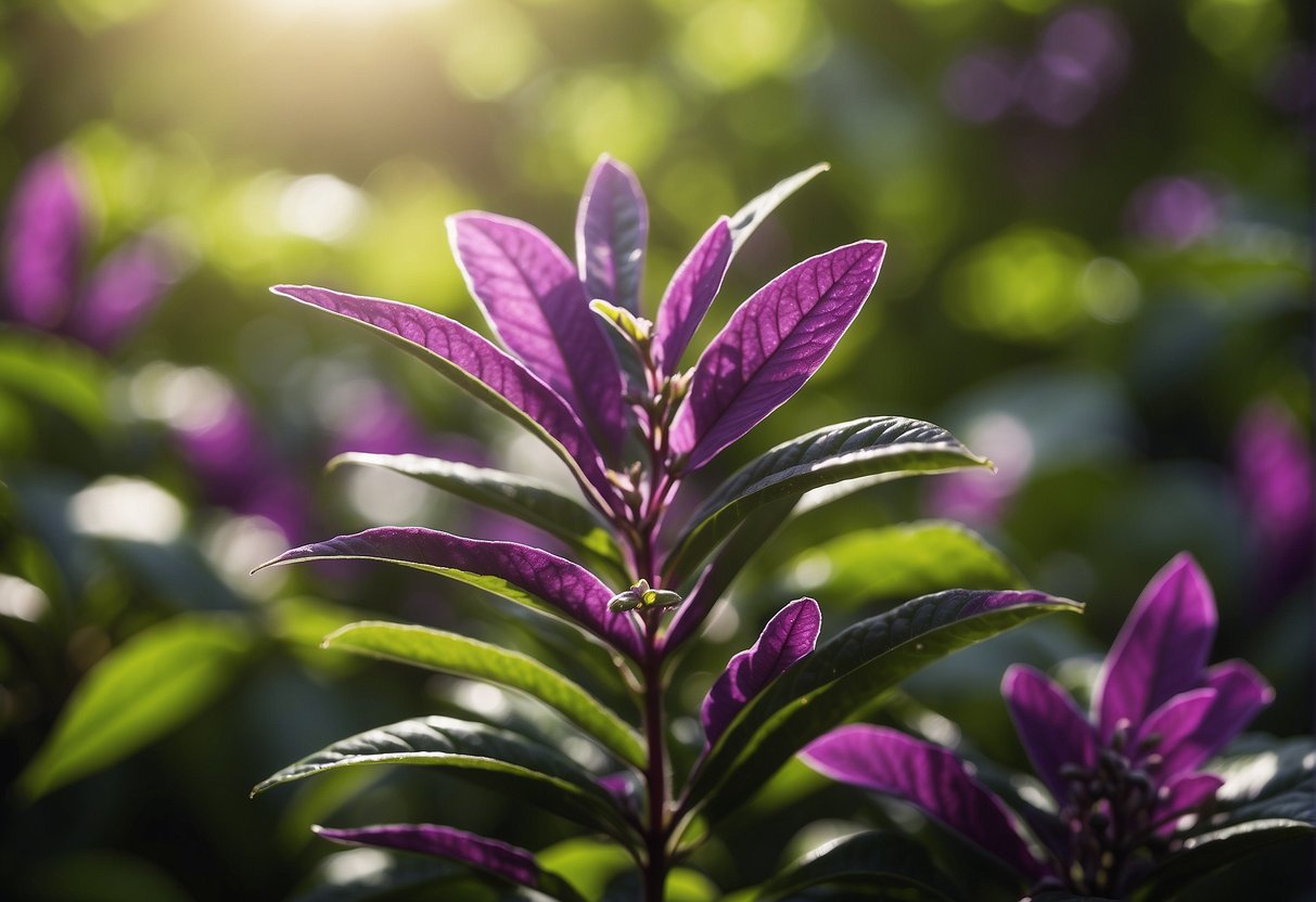 A vibrant purple tea plant with distinct purple leaves and buds, set against a backdrop of lush green foliage and dappled sunlight