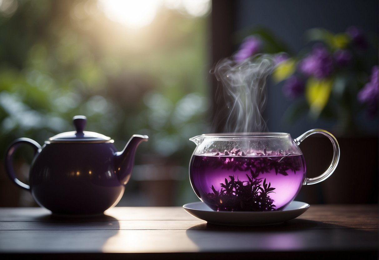 A pot of purple tea leaves steeping in hot water, releasing a deep violet hue