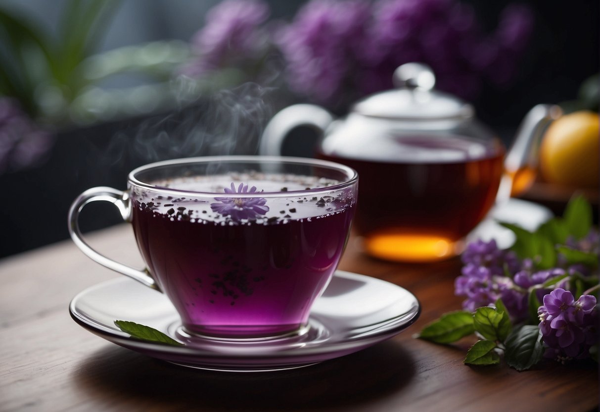 A steaming cup of purple tea emits a delicate floral aroma. The tea's flavor profile is a mix of fruity and earthy notes, with a hint of sweetness