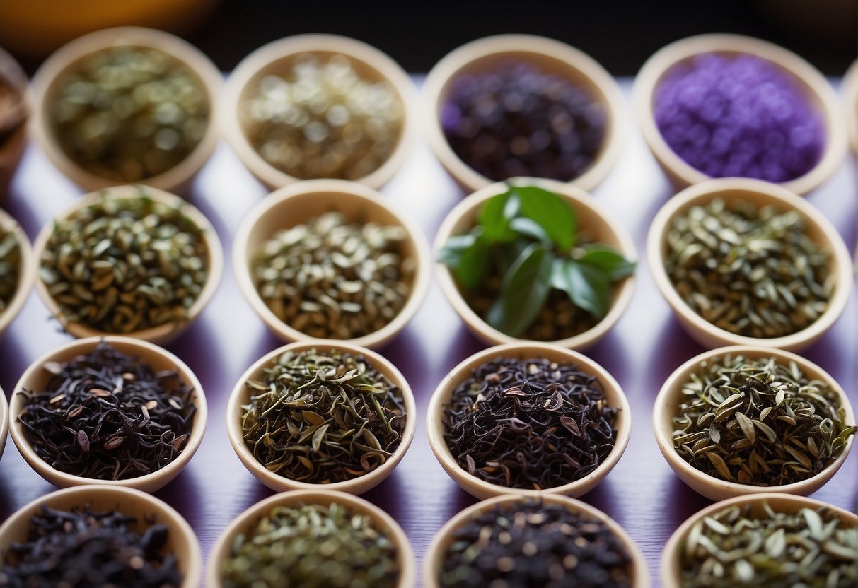 A vibrant purple tea leaf stands out among other teas, showcasing its unique color and distinct appearance