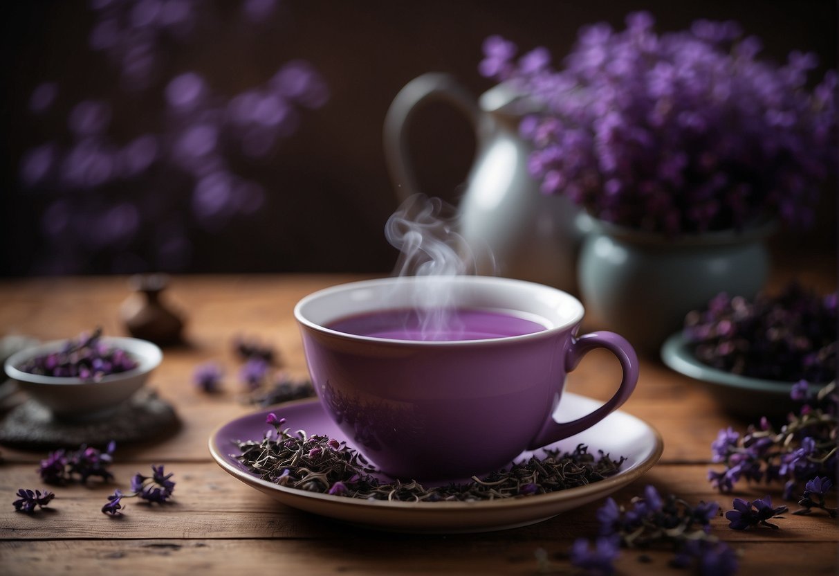 A steaming cup of purple tea sits on a wooden table, surrounded by vibrant purple tea leaves and a few dried purple flowers