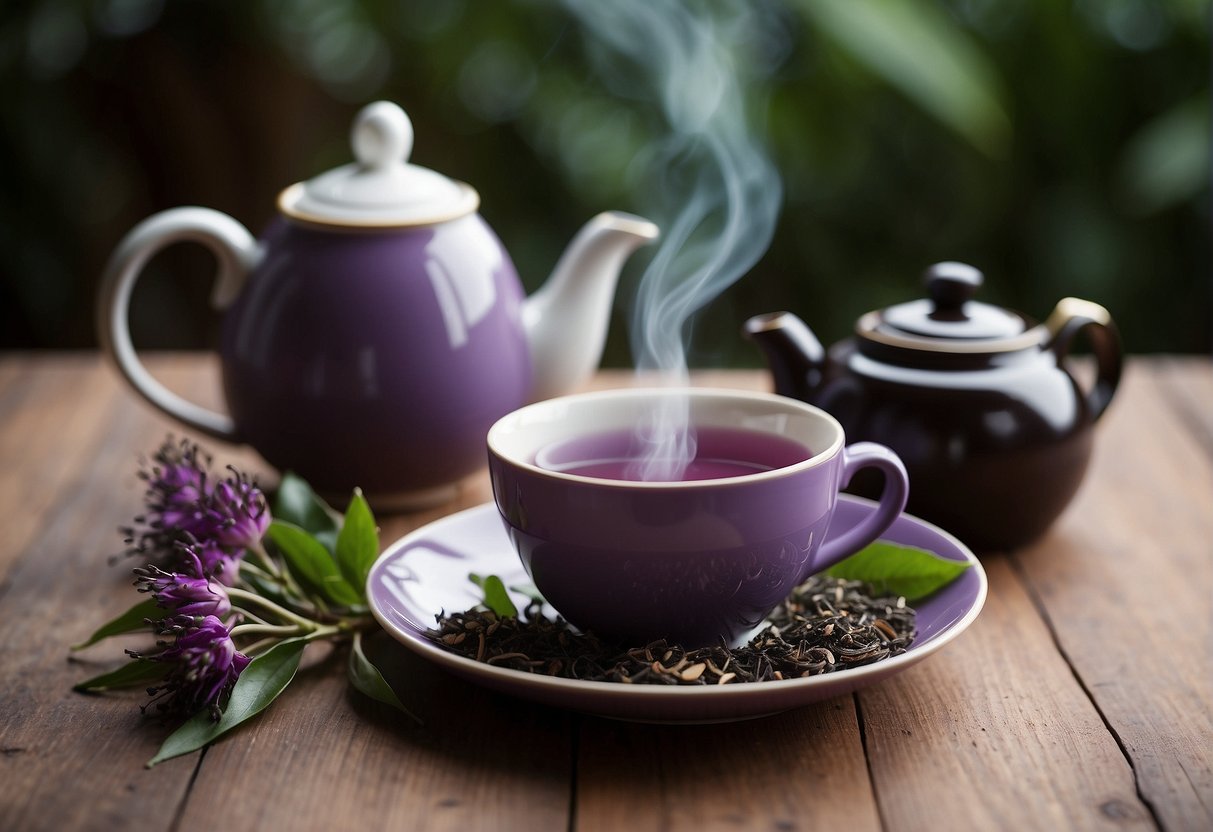 A steaming cup of purple tea sits on a wooden table, surrounded by leaves and a teapot. The label "Frequently Asked Questions: What is purple tea" is visible on the side of the cup
