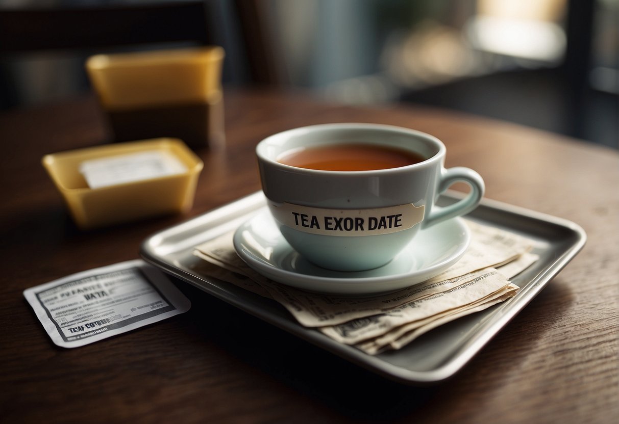 A cup of expired tea sits on a table, with a label showing the expiration date. The tea looks discolored and has a strange odor. A warning sign is posted nearby