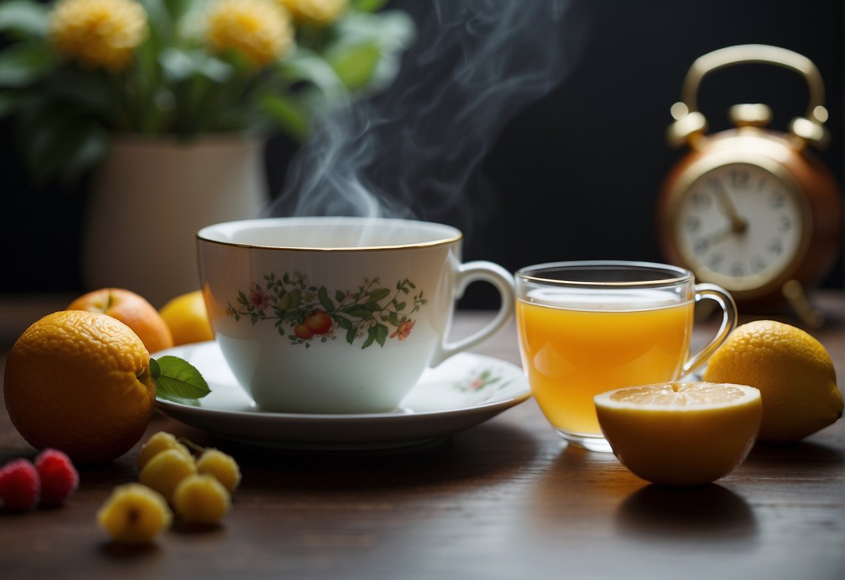 A steaming cup of tea sits next to a clock and a plate of fruits, symbolizing the basic considerations for fasting and the question of whether tea is allowed