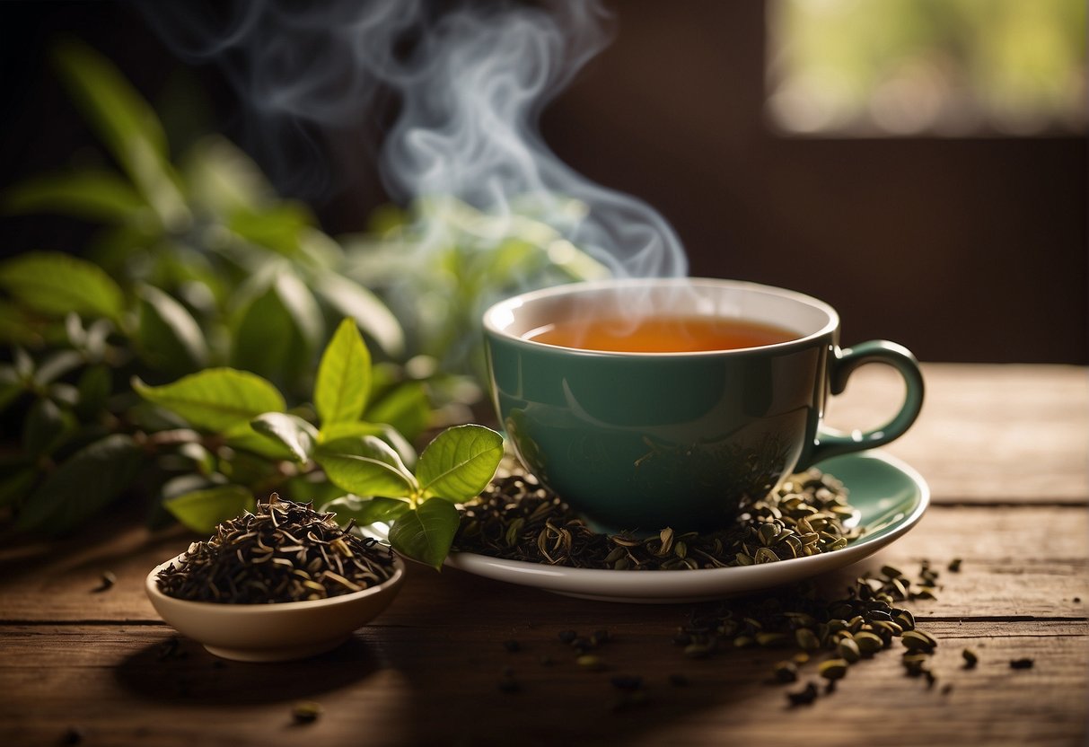 A steaming cup of black tea sits on a wooden table, surrounded by vibrant green tea leaves and a scattering of dried herbs. A soft, warm light illuminates the scene, highlighting the rich color of the tea