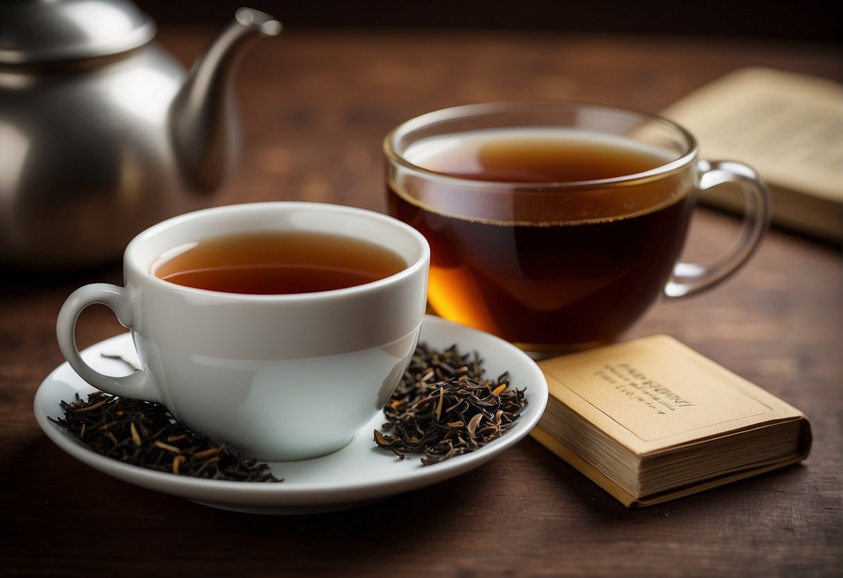 A steaming cup of black tea sits on a saucer, surrounded by a teapot, loose tea leaves, and a calorie counting book