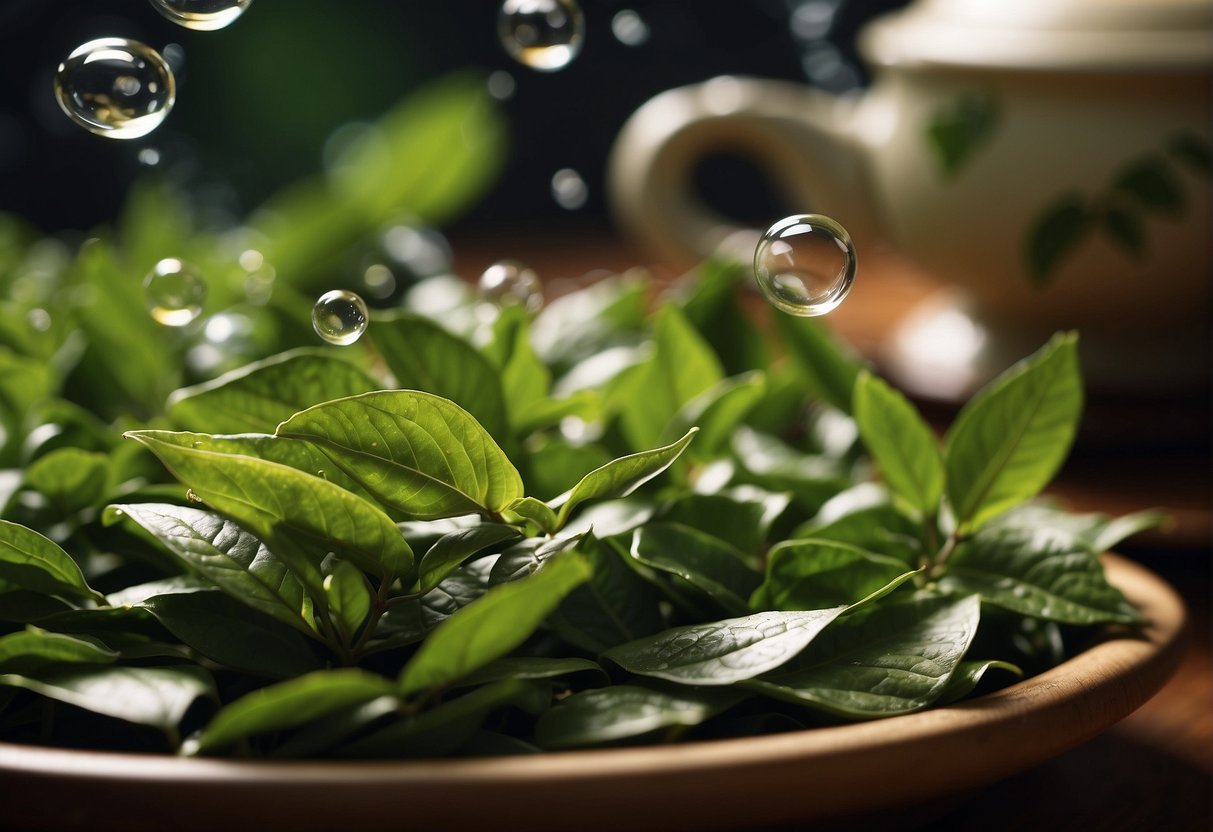 Tea leaves sitting in a warm, humid environment, surrounded by microorganisms, producing bubbles and releasing a distinct aroma