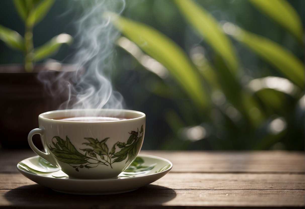 A steaming cup of Pu Erh tea sits on a wooden table, surrounded by lush green tea leaves. The warm, earthy aroma fills the air, invoking a sense of calm and relaxation