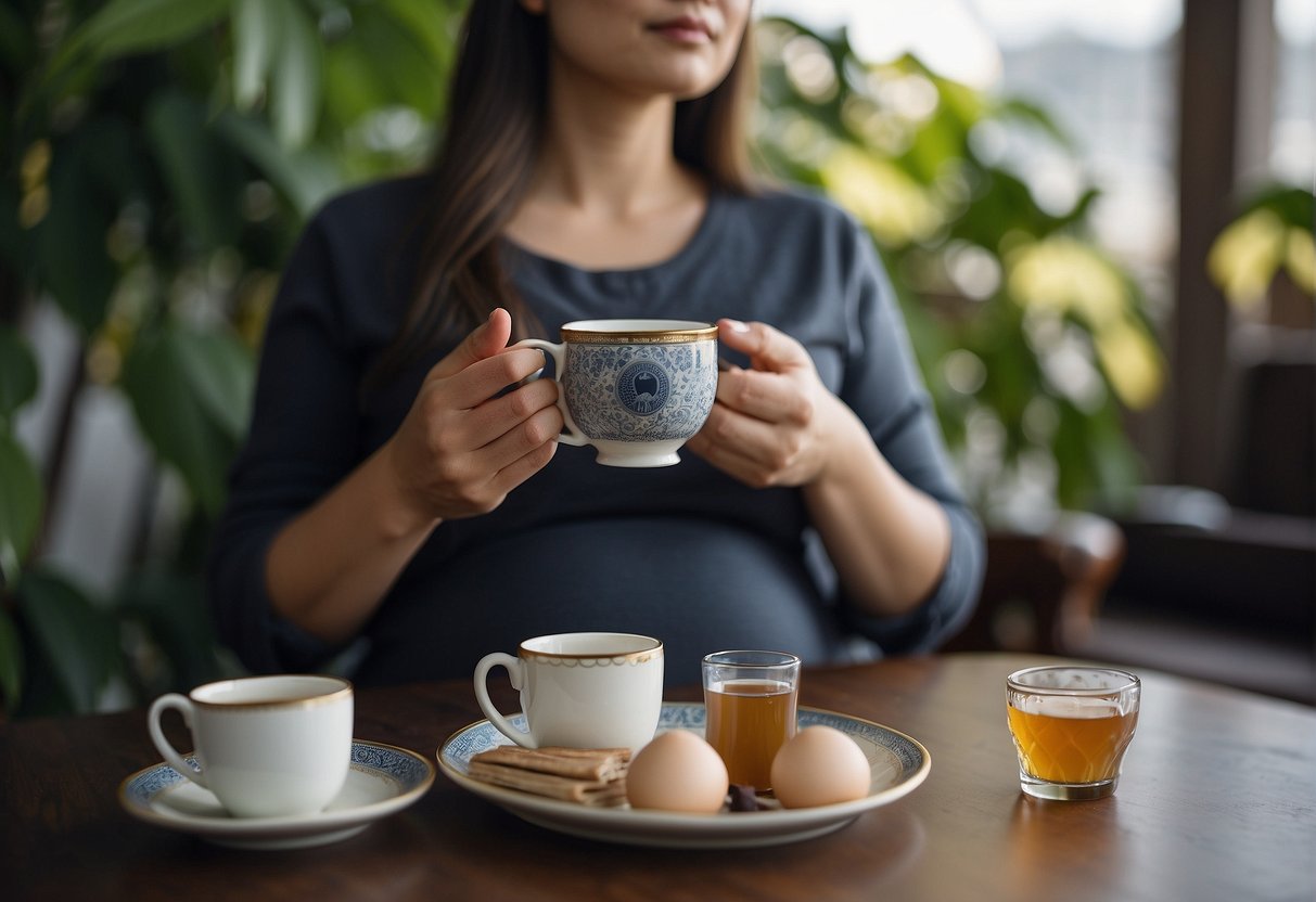 A woman holding a cup of pu erh tea with a baby bump, surrounded by pregnancy-related questions