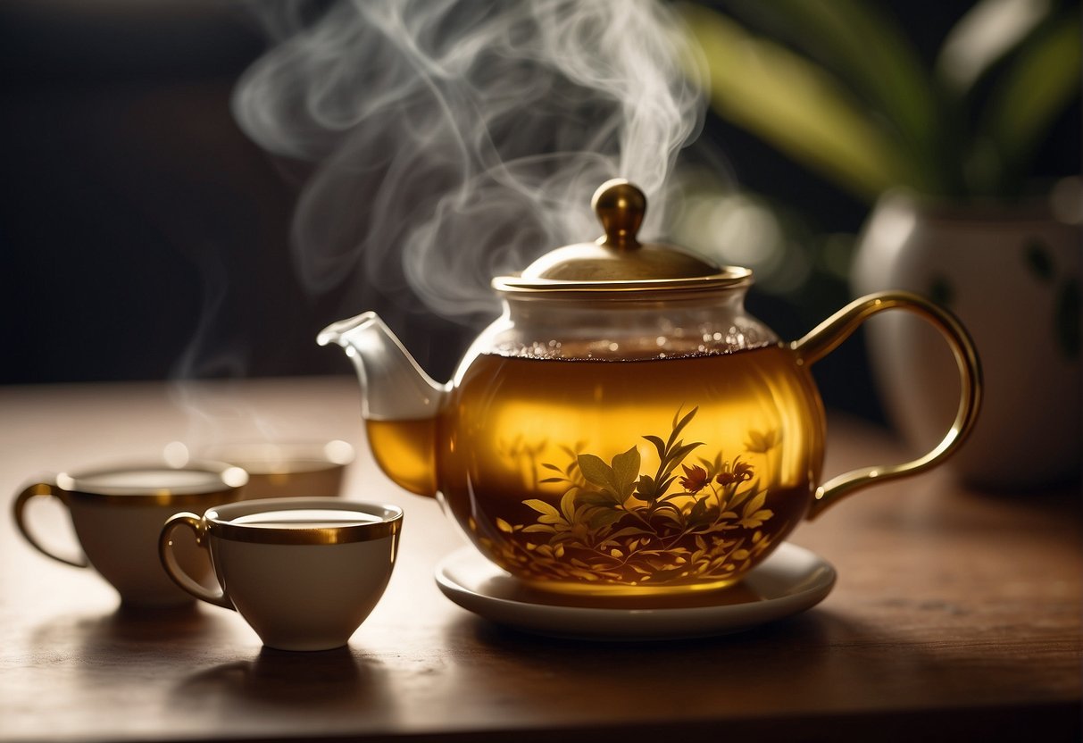 A steaming teapot pours oolong tea into delicate cups. The aroma of the tea fills the air as the golden liquid swirls in the cups, promising a complex and floral taste