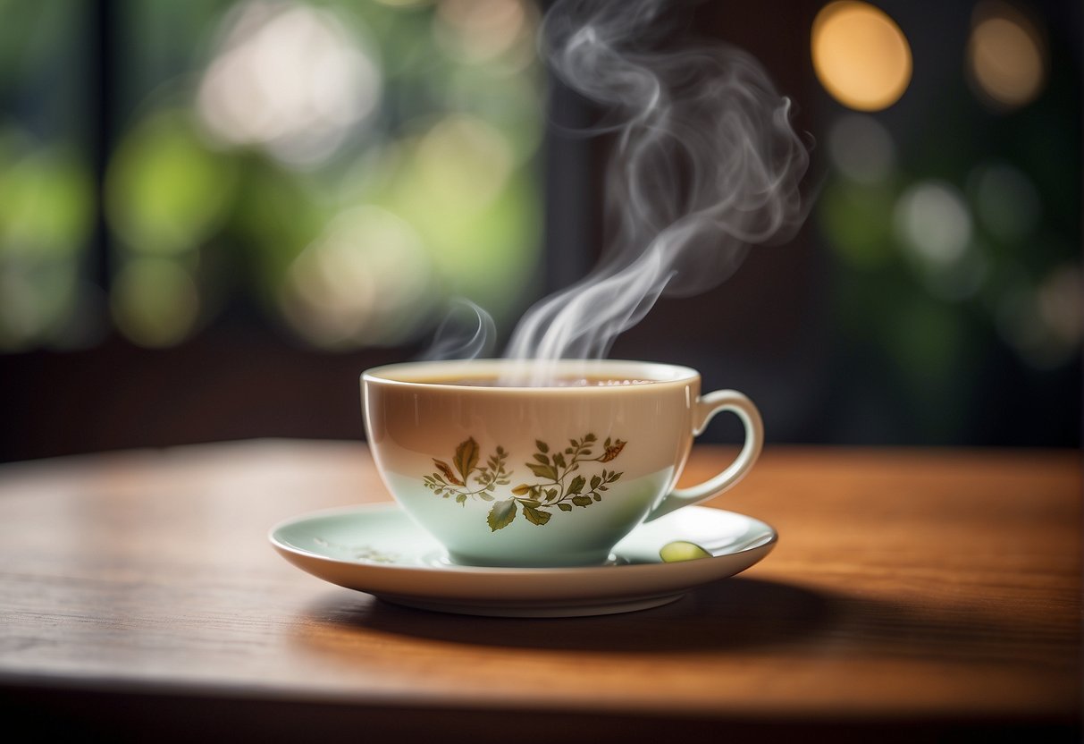 A steaming cup of oolong tea sits on a wooden table, emitting a delicate aroma. Its rich, complex flavor profile hints at floral, fruity, and toasty notes, with a smooth and lingering finish