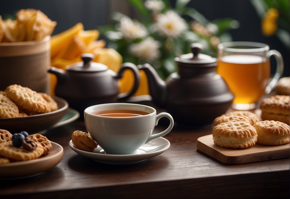 A steaming cup of oolong tea sits beside a spread of delicate pastries and savory snacks, creating a harmonious pairing of flavors and aromas