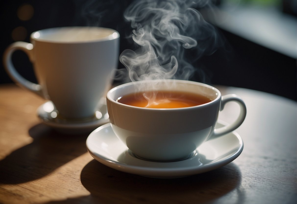 A steaming cup of tea sits on a table next to a full bladder