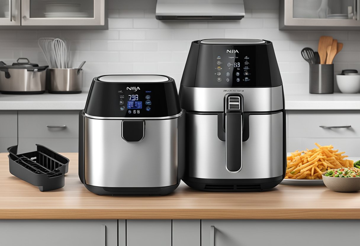 A clean, well-maintained Ninja air fryer sits on a countertop next to a neatly organized rack of accessories. The fryer's surface gleams, free of grease and residue