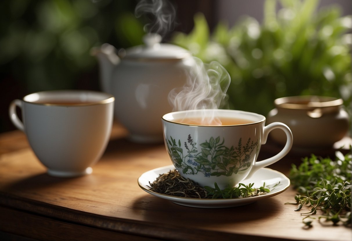 Tea cup with steam rising, surrounded by a variety of tea leaves and herbs. An anatomical diagram of the urinary system in the background
