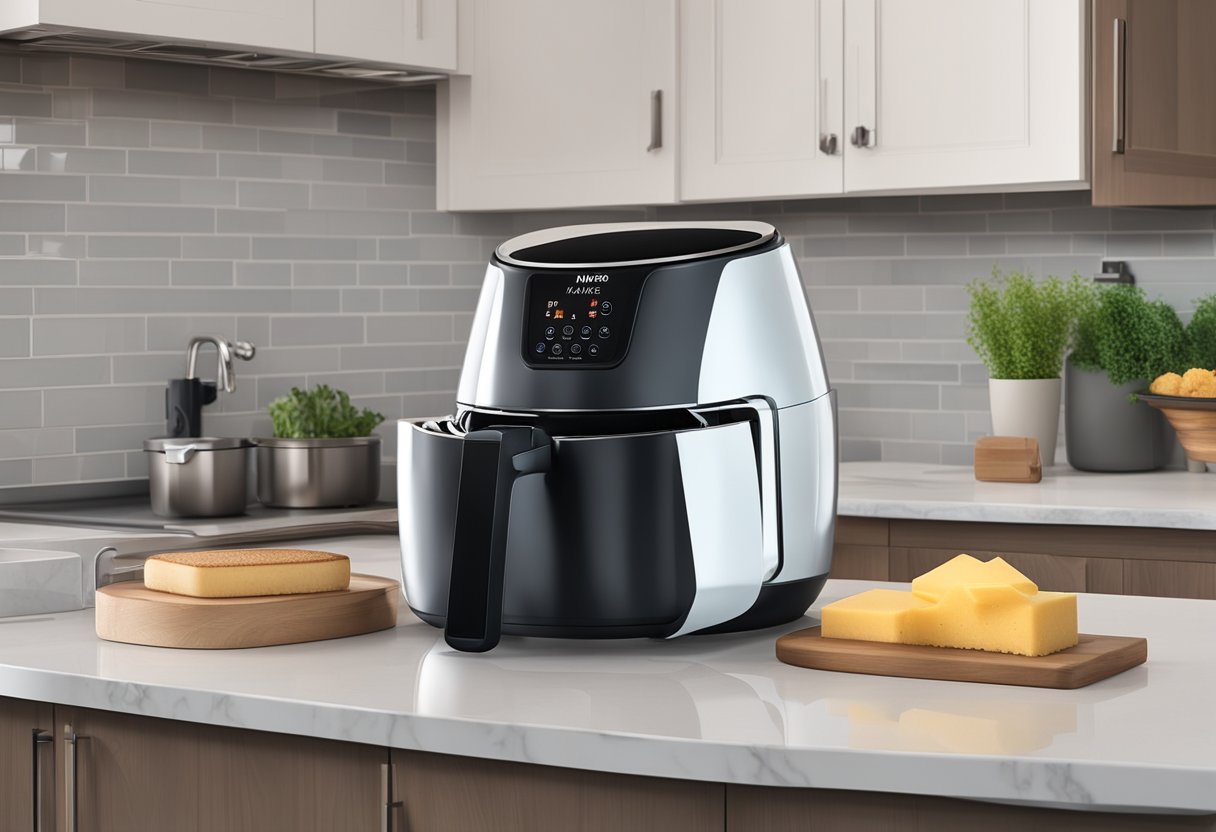 The Ninja Air Fryer sits on a clean kitchen counter. A sponge and soapy water are nearby, ready for regular maintenance