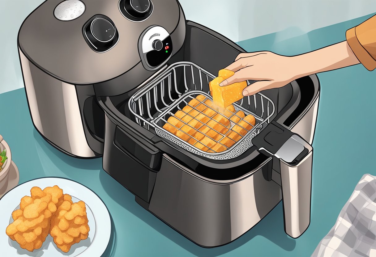 A hand reaches into the air fryer basket, removing the detachable tray. It is then washed with soap and water, and dried thoroughly before being placed back into the air fryer