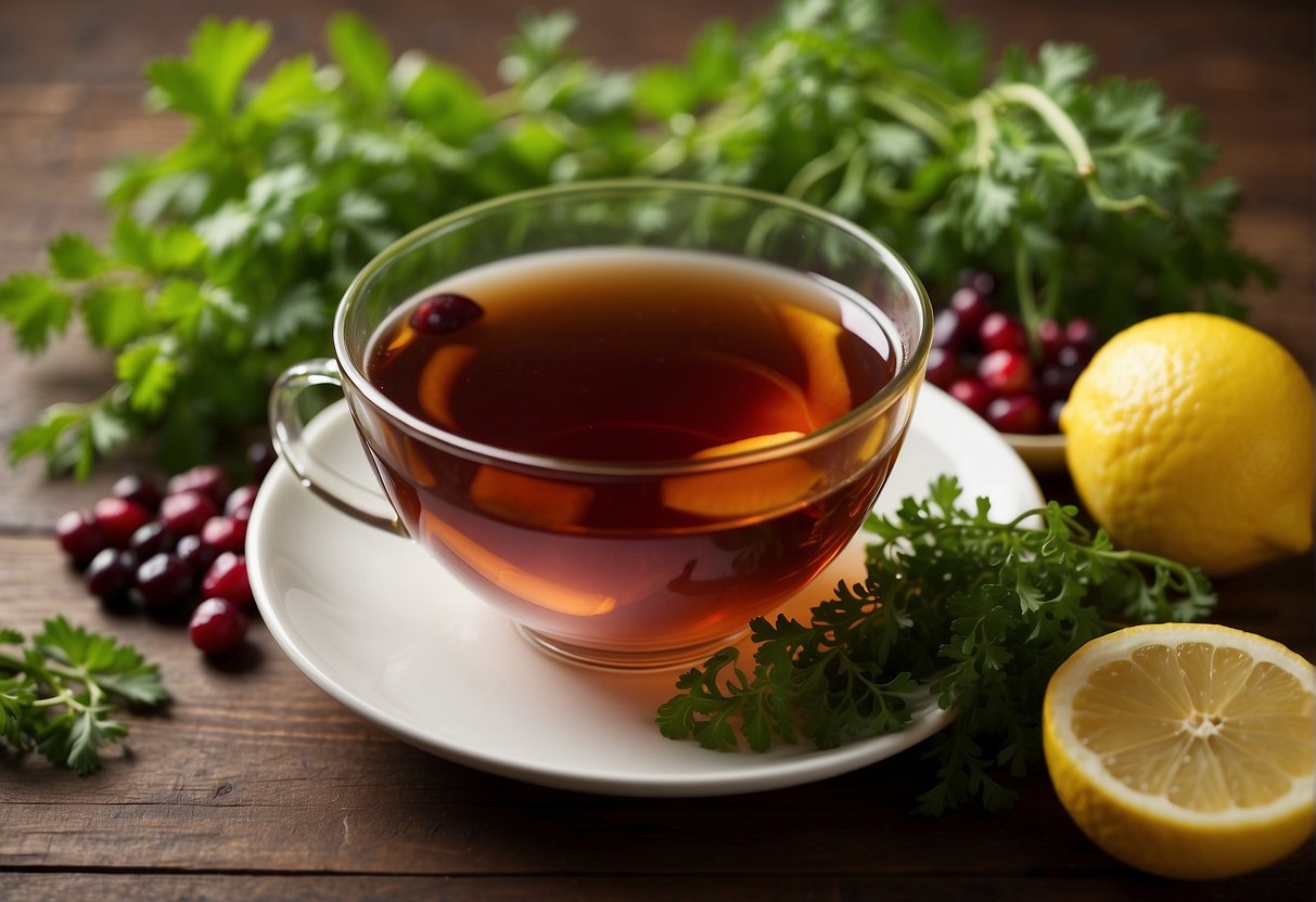 A steaming cup of herbal tea surrounded by fresh kidney-friendly ingredients like parsley, cranberries, and lemons