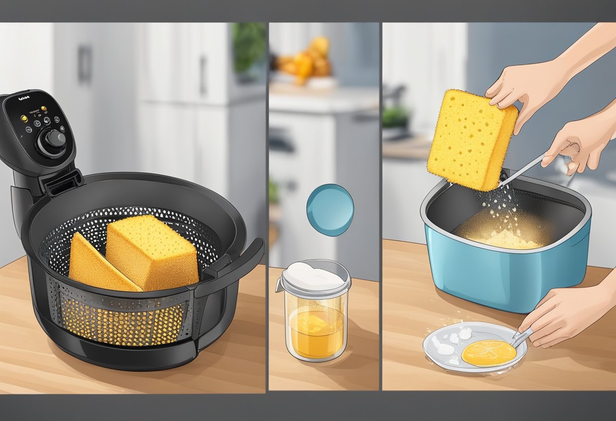 The air fryer basket is being cleaned with a sponge and soapy water, then rinsed and dried thoroughly