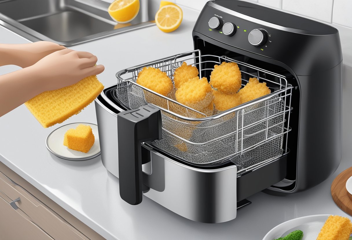 The air fryer basket is being gently scrubbed with a sponge under running water, then placed in the dishwasher for a thorough cleaning