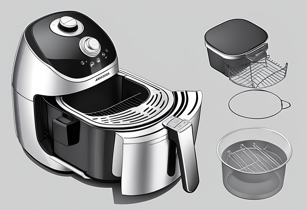 The air fryer basket is being wiped down with a damp cloth, removing any remaining food particles. The clean basket is then reassembled into the air fryer for future use