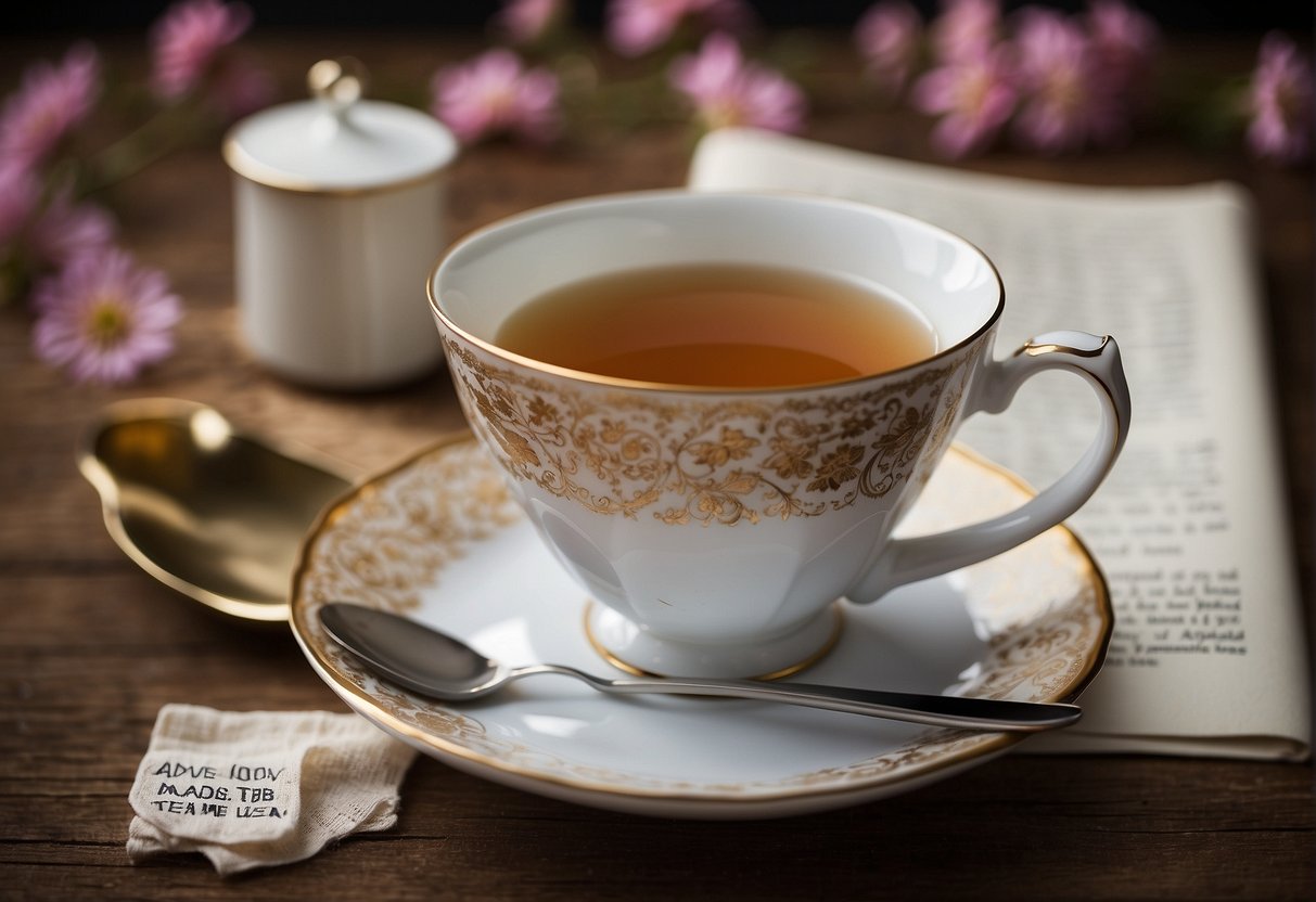 A teacup sits untouched next to a menstrual pad and a list of nutritional guidelines. The text "Avoid tea during menstruation" is highlighted