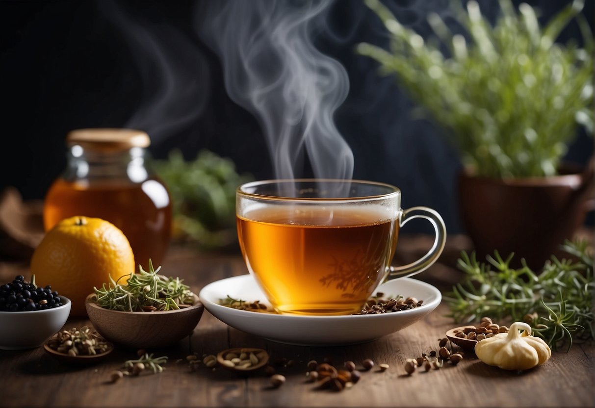 A steaming cup of tea surrounded by various herbal ingredients and a calming atmosphere