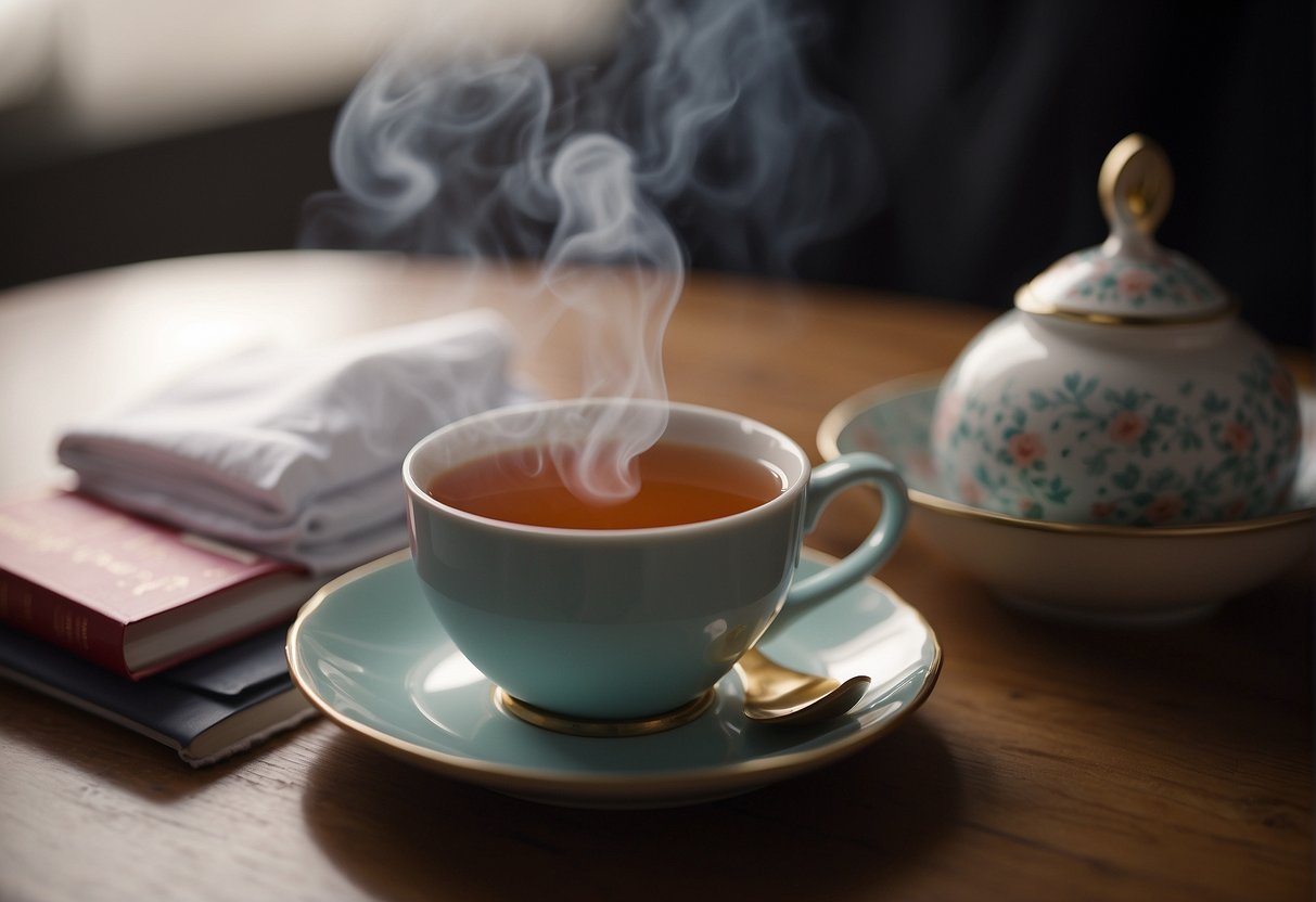 A steaming cup of tea sits untouched next to a pile of menstrual health resources, emphasizing the caution against drinking tea during menstruation
