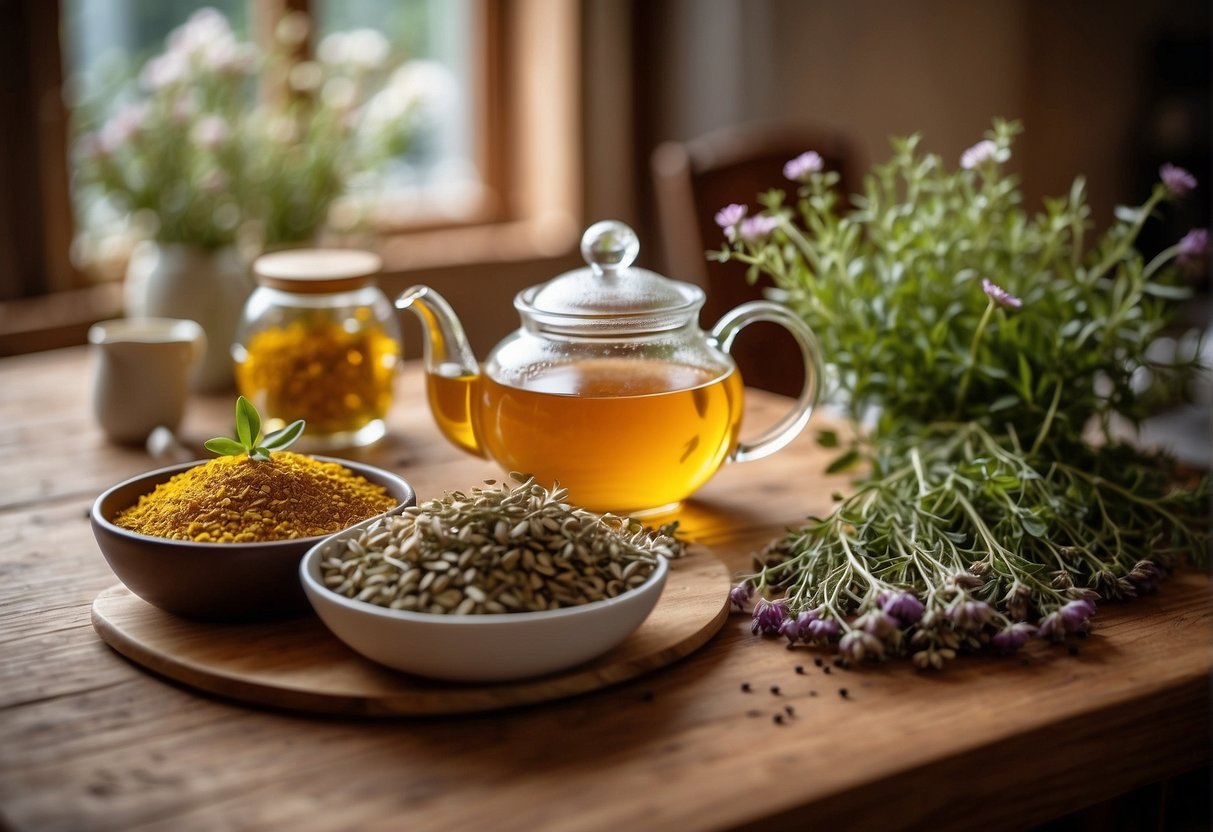 A table with various herbs, flowers, and spices, along with a teapot and cup. A sign reads "Additional Ingredients for Allergies" with a list of allergy-friendly teas