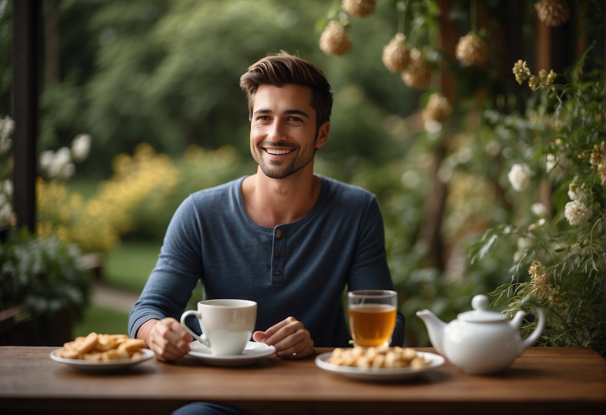 A person enjoying a cup of herbal tea surrounded by allergy-friendly snacks and a clean, organized living space