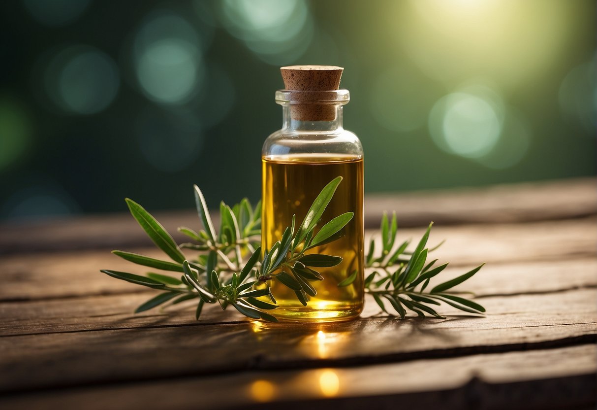 Tea tree oil sits in a glass vial, emitting a fresh, medicinal scent. Its chemical composition hovers in the air, waiting to be captured by an illustrator