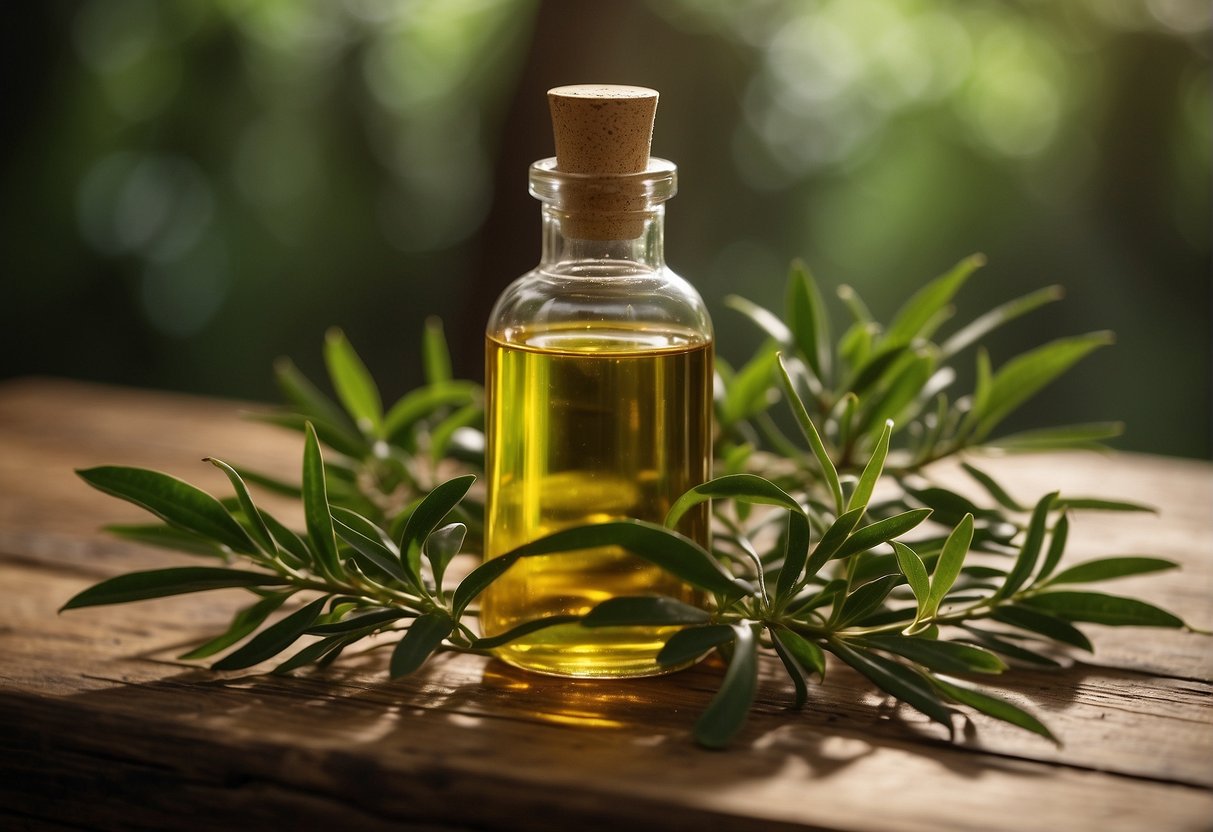A bottle of tea tree oil sits on a wooden table, emitting a fresh, medicinal scent. Surrounding it are green leaves and twigs, evoking a natural and earthy atmosphere