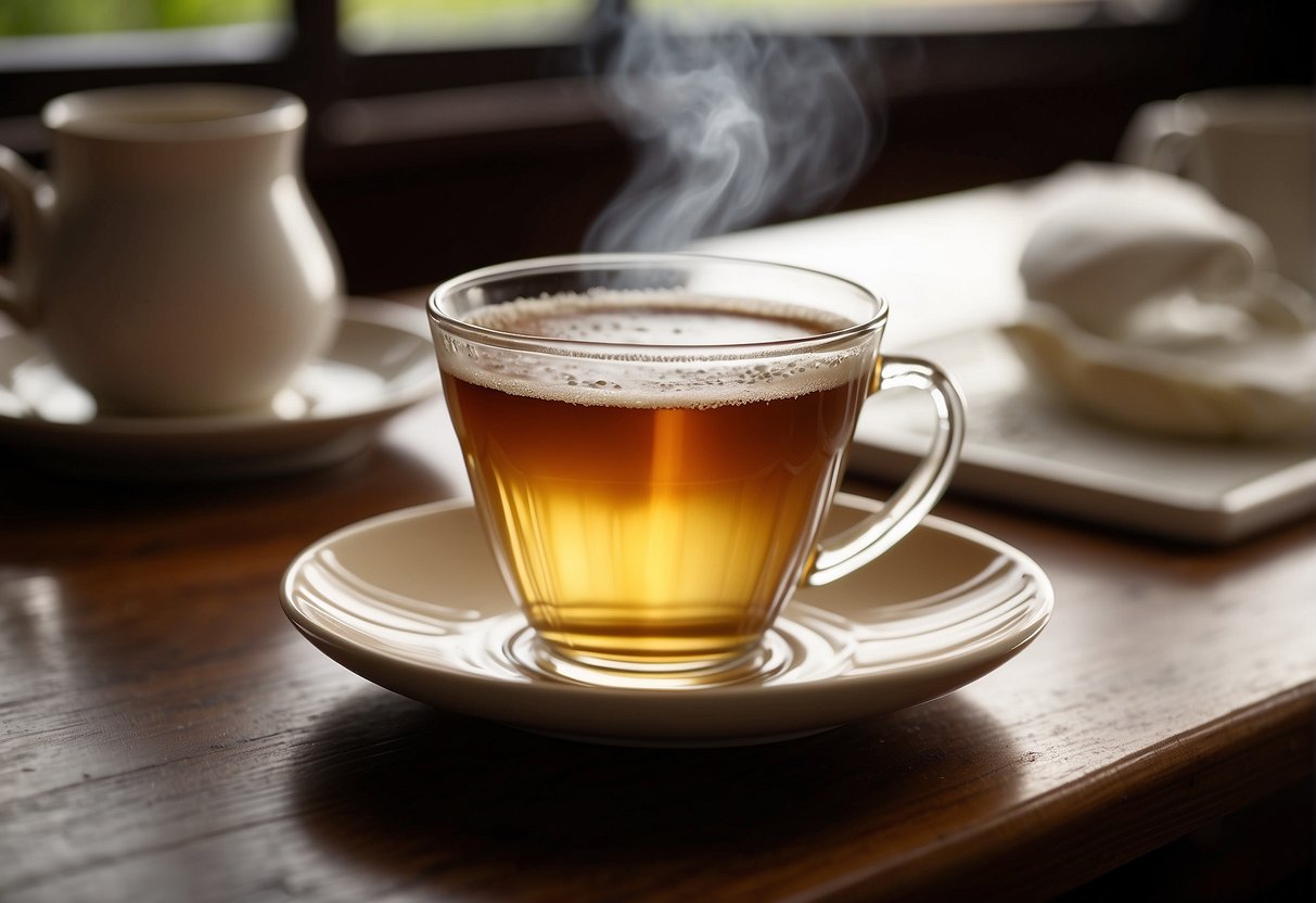 A steaming cup of decaffeinated tea sits on a saucer, surrounded by a peaceful setting with soft lighting and a cozy atmosphere