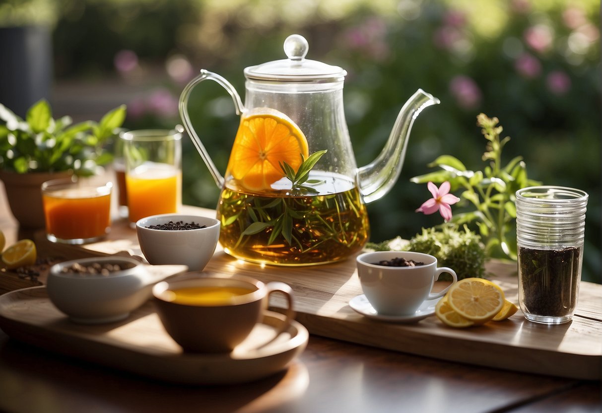 A serene, sunlit garden with an array of caffeine-free teas in vibrant colors and aromatic scents. A soothing atmosphere with a variety of herbal and fruit-infused teas
