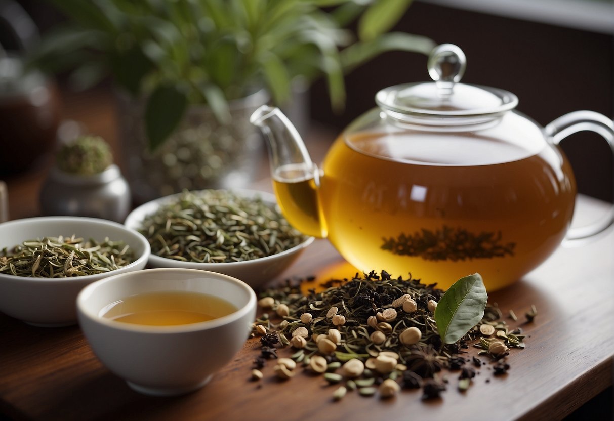Various herbal teas being carefully measured and mixed in a teapot, with a collection of caffeine-free options displayed nearby