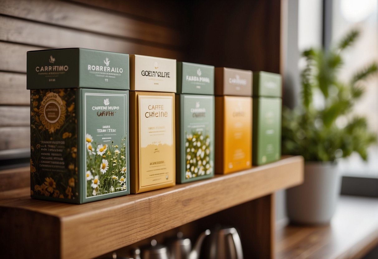 A shelf with various caffeine-free tea boxes, including chamomile, peppermint, and rooibos, displayed in a cozy kitchen setting