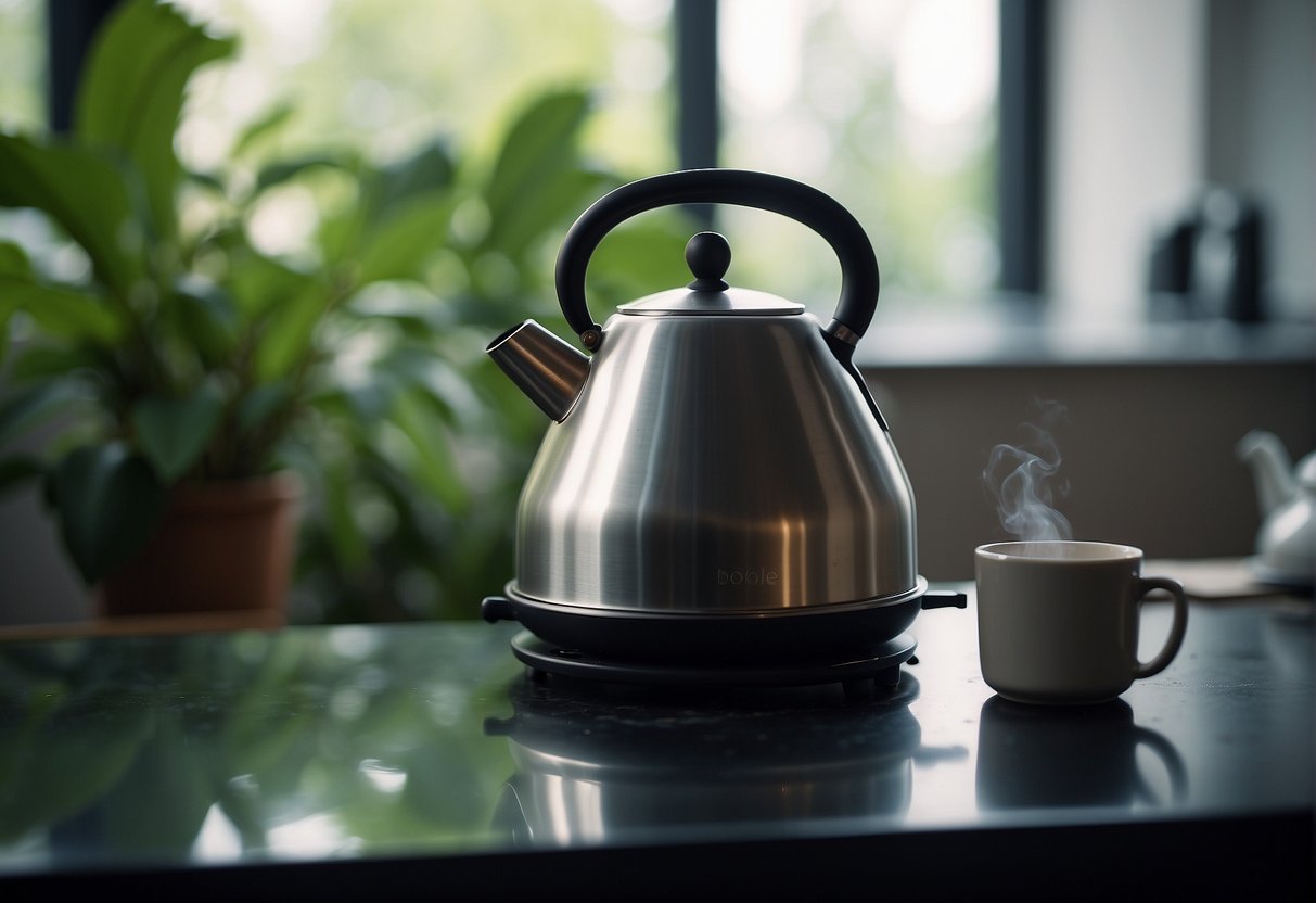 A kettle boils on a stove. A teapot sits nearby with oolong tea leaves. A timer ticks as the leaves steep in hot water