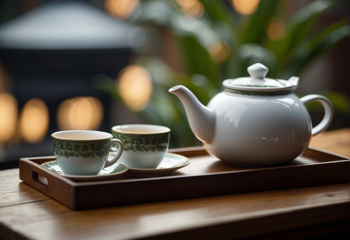 A teapot pours oolong tea into a delicate cup on a wooden tray, surrounded by a small teacup and a steaming kettle
