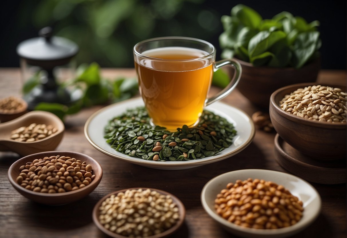 A cup of tea surrounded by iron-rich foods like spinach, lentils, and nuts. A doctor's note recommending specific teas for iron deficiency is displayed next to the tea