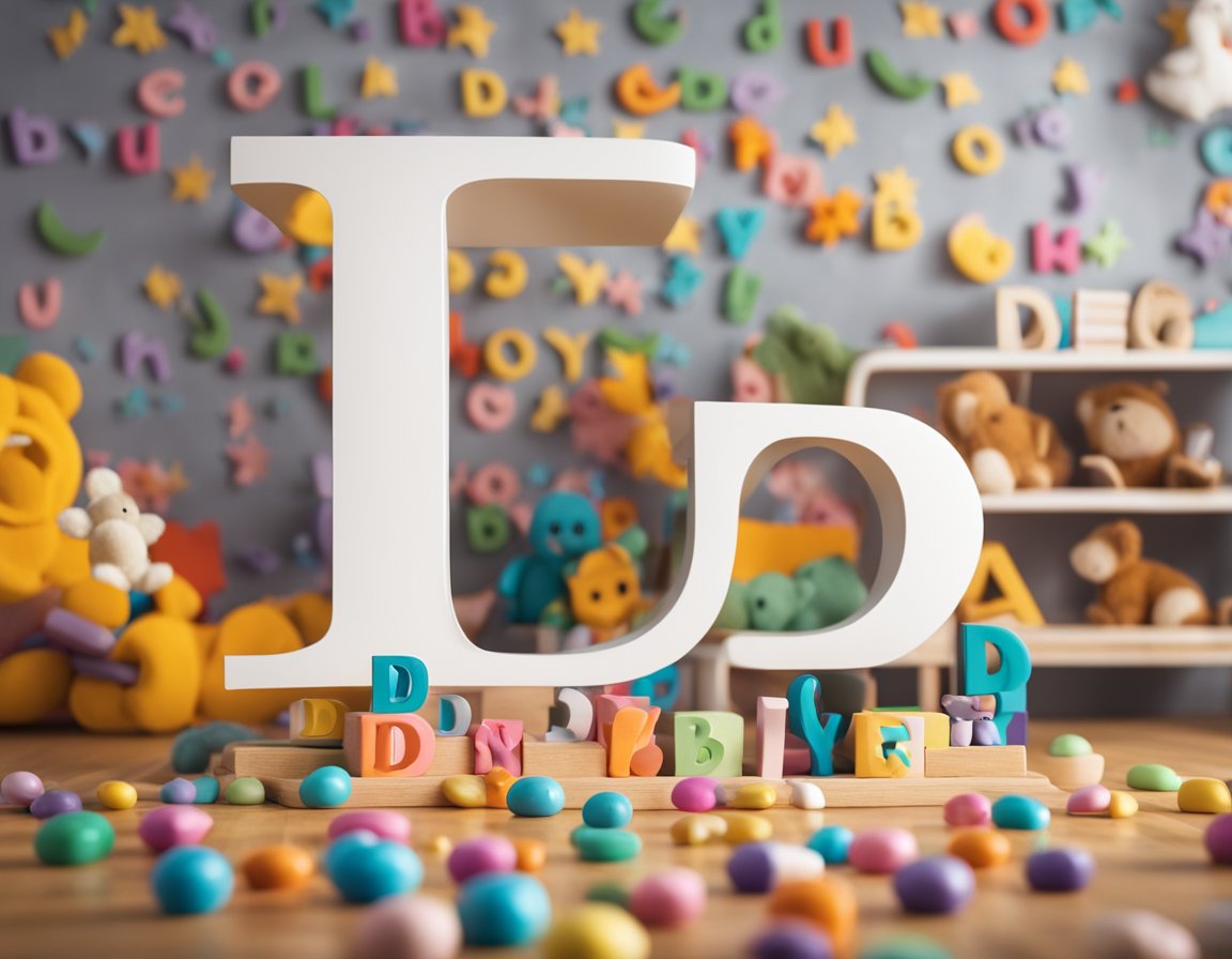 Colorful letters "D" floating around a baby's nursery, surrounded by toys and books, creating a playful and whimsical atmosphere