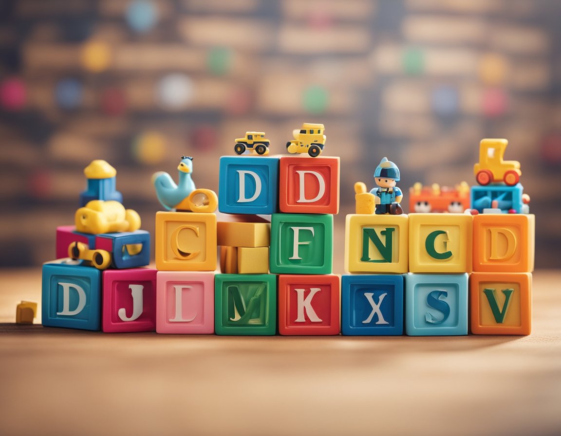 A colorful array of alphabet blocks spelling out "D" names, surrounded by playful toys and books