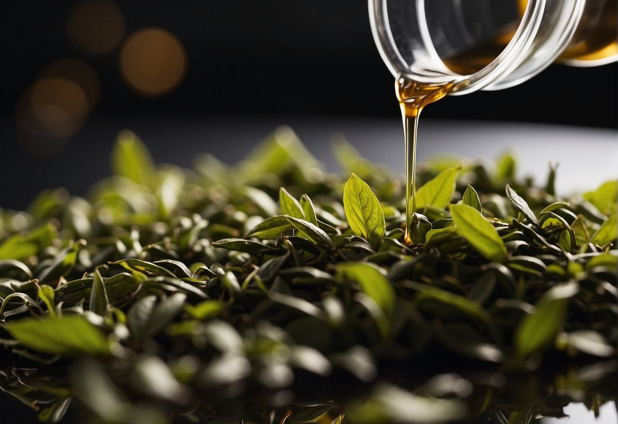 Tea leaves immersed in organic solvents, releasing caffeine