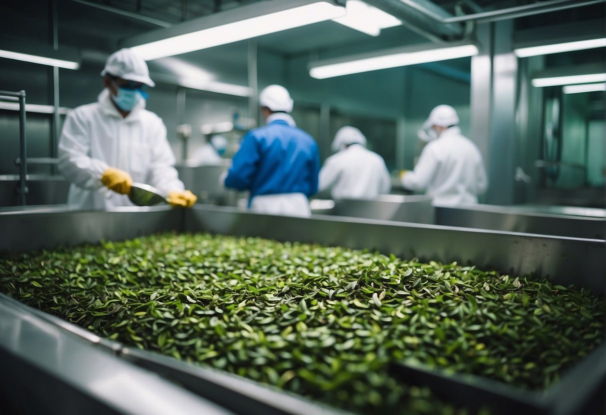 Tea leaves being processed in a clean, well-lit facility with equipment labeled for decaffeination. All workers wear protective gear and follow strict safety and compliance standards
