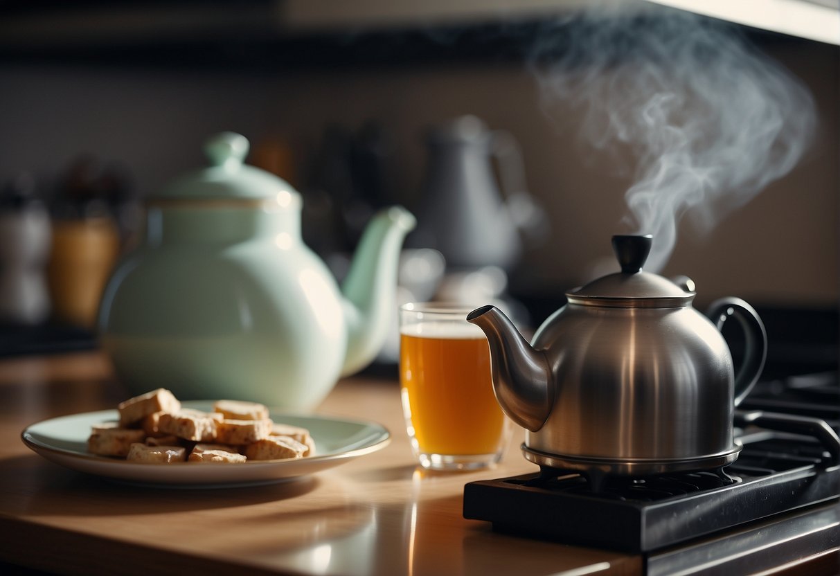 A teapot steams on a stove, with a tea bag inside. A clock on the wall shows the passing time. An open book titled "Decaffeinating Tea" sits on the kitchen counter