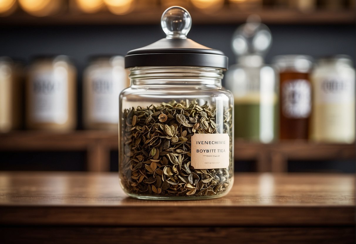Loose leaf tea being placed in a glass jar on a wooden shelf with a label indicating the tea type